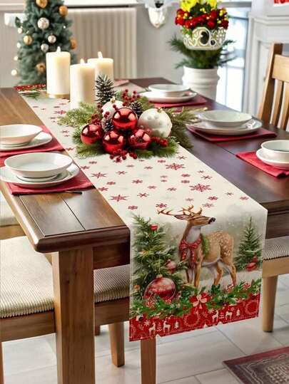 1 pieza Camino de mesa festivo con renos y árbol de Navidad - Poliéster, rectangular, escena invernal nevada con adornos rojos, ideal para la cena navideña y la decoración del hogar, decoraciones de mesa navideñas