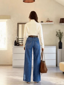 New Women Loose Fit Wide Leg Washed Denim Jeans - Dark Wash - View 3