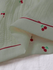 3pcs Bubble Crinkle Cherry Print Women Pajama Set - Short Sleeve Button Collar Top And Shorts + Long Pants - Green - View 5