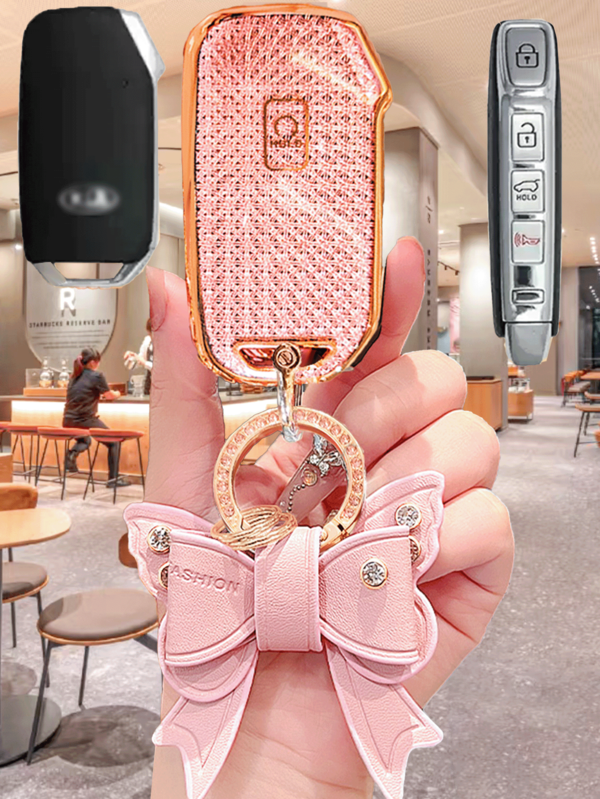 5 boutons Étui de clé de voiture avec nœud en strass Porte-clés pour Kia Ceed Cerato Forte Sorento Soul Sportage Telluride K5 Protecteur de télécommande sans clé intelligent