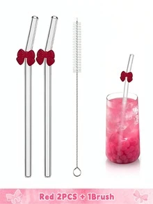 6 件可重复使用玻璃吸管，带粉色蝴蝶结，防碎，可爱弯曲饮用吸管，带清洁刷，适用于冷热饮料、茶吧饮具、新娘送礼会和热带派对的杯子配件、适用于童话花园和婚礼装饰的异想天开的饮用套装 - 彩色 - 查看 22
