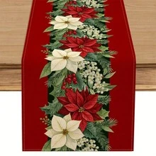 1 pieza Camino de mesa navideño rojo festivo con diseño de flor de Pascua y rama de pino - Poliéster duradero, decoración navideña rectangular para comedor, cocina, fiestas interiores/exteriores, decoraciones de mesa navideñas