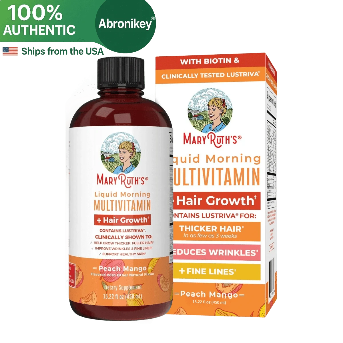 Abronikey Liquid Multivitamin For Women With Lustriva® For Hair Growth | Biotin 10,000mcg, B-Complex, Vitamin D & C | Supports Thicker Hair, Skin Texture & Fine Lines | Peach Mango | 15.22 Fl Oz | Ages 18+ - Pack of 1 - 查看 1