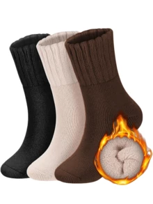 3/6 Pairs Women's Solid Color Mid-Calf Socks, Thermal Lined, Thick For Autumn/Winter, Indoor/Home Wear - Multicolor - View 6