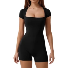 Jumpsuits De Manga Corta Para Mujer Cuello Cuadrado De Yoga,Mono deportivo de yoga de alta elasticidad,ropa activa de yoga de una sola - Negro - Ver 1