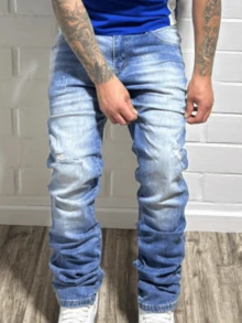 Blugi retro minimalisti spălați și uzați, stil coreean pentru bărbați, cu picior drept, casual - Albastru regal - Vizualizare 2