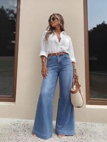 2026 New Spring Blue Non-Stretch Women Wide Leg Jeans - Dark Wash - View 1