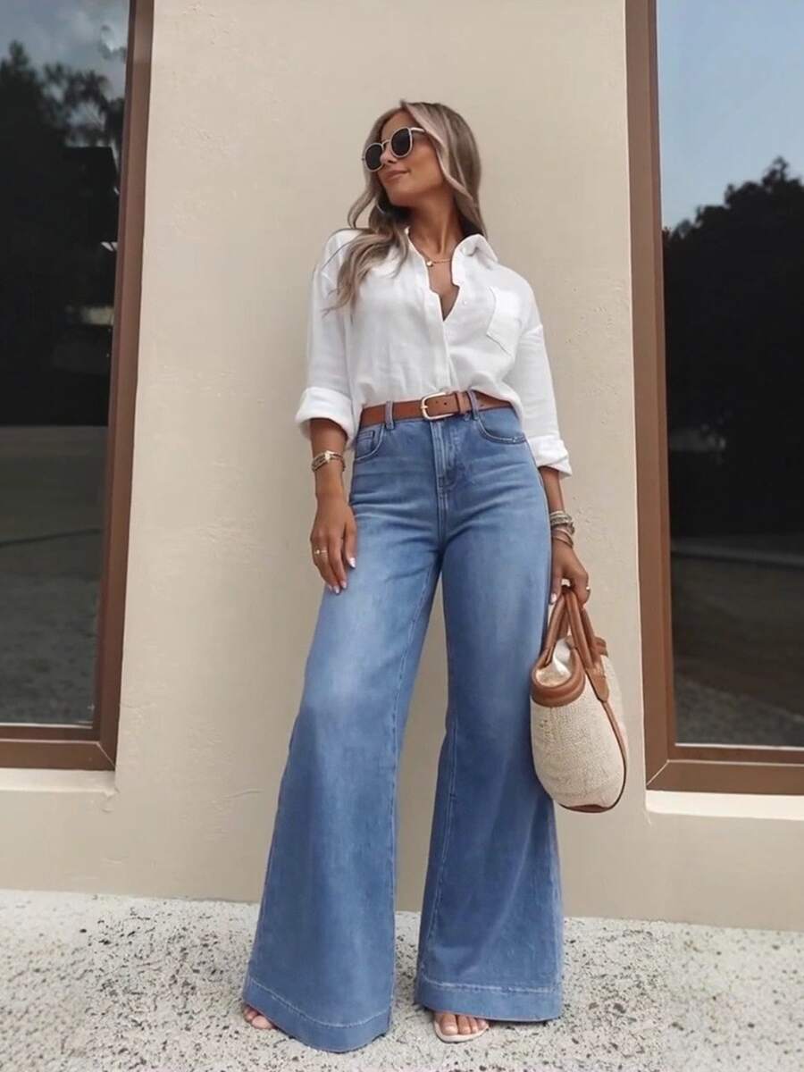 2026 New Spring Blue Non-Stretch Women Wide Leg Jeans - Dark Wash - View 1