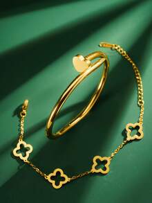 1 件时尚优雅的三叶草心形耳钉金手链首饰，18K 玫瑰金镀不锈钢手镯，适合男士和女士，季节性礼物