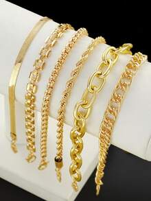 9/5pcs Simple Fashionable Vintage Chunky Metal Chain Bracelet Set, Suitable For Women, Sisters, Couples, Neutral, Vacation, Date, Daily Casual, Party, Wedding, Gift For Mom, Friend - Yellow Gold - View 5