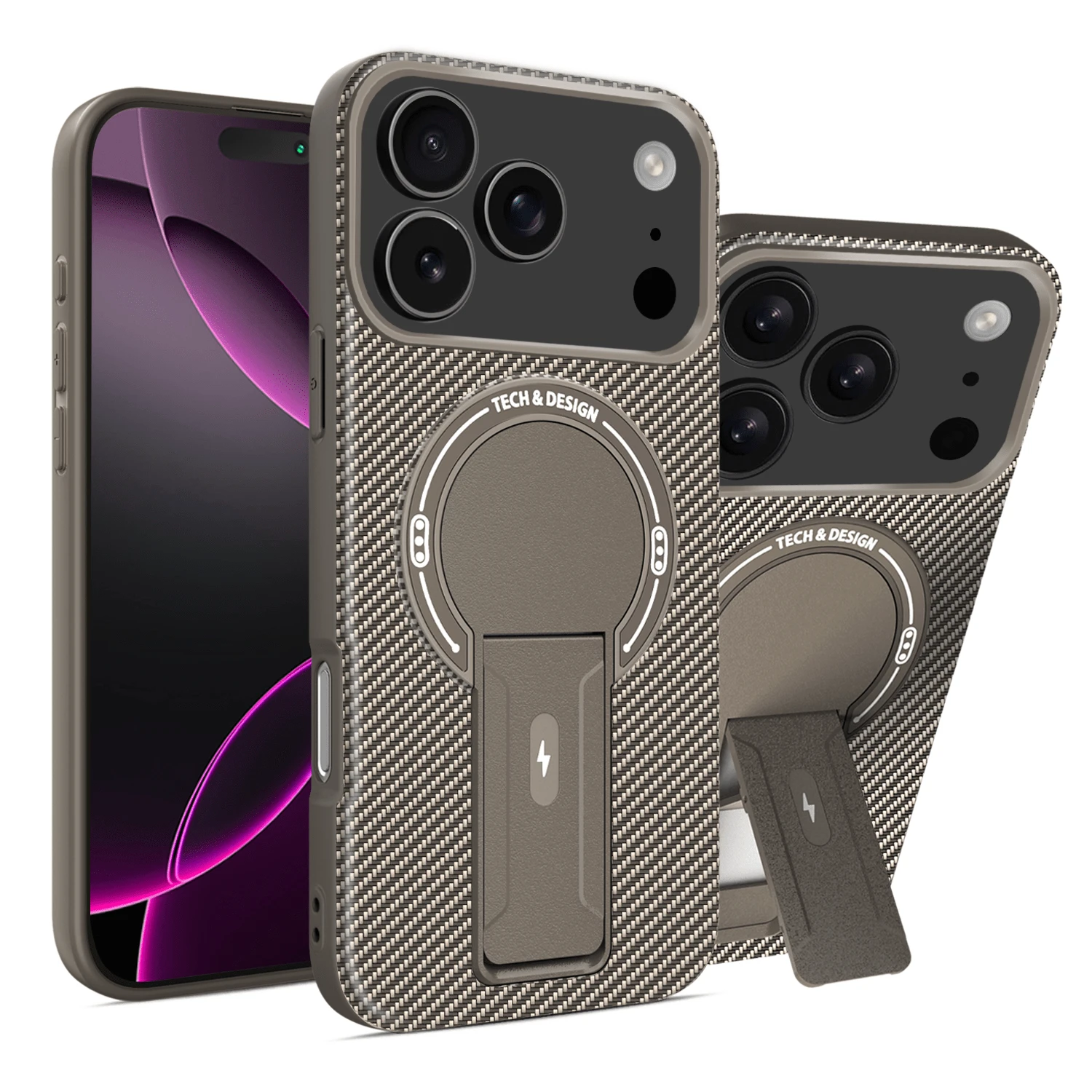多功能隱形碳纖維支架無線磁吸充電防震手機殼,適用於 Apple 18pm/17/16/15/14/13/12/11... Honor Moto.. 17T/17T PRO/ RY600/600PRO/600LITE - 棕色 - 查看 1