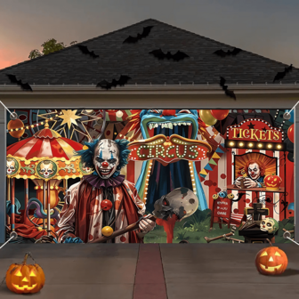 1pc 2D Flat, Halloween Haunted Garage Door, Horror Circus & Clown Pattern, Suitable For Entrance And Holiday Decoration