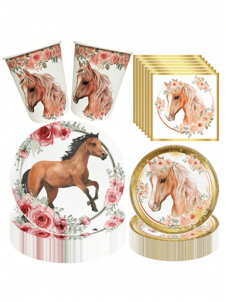 50 件套骑师马主题一次性餐具套装，包括 10 个纸杯、10 个 7 英寸纸盘、10 个 9 英寸纸盘和 20 张纸巾，非常适合露营、露台烧烤、野餐、婚礼、派对和生日，适用于派对装饰、家居装饰、生日装饰、生日派对装饰、返校季、派对用品、粉丝必备派对装饰 - 彩色 - 查看 2