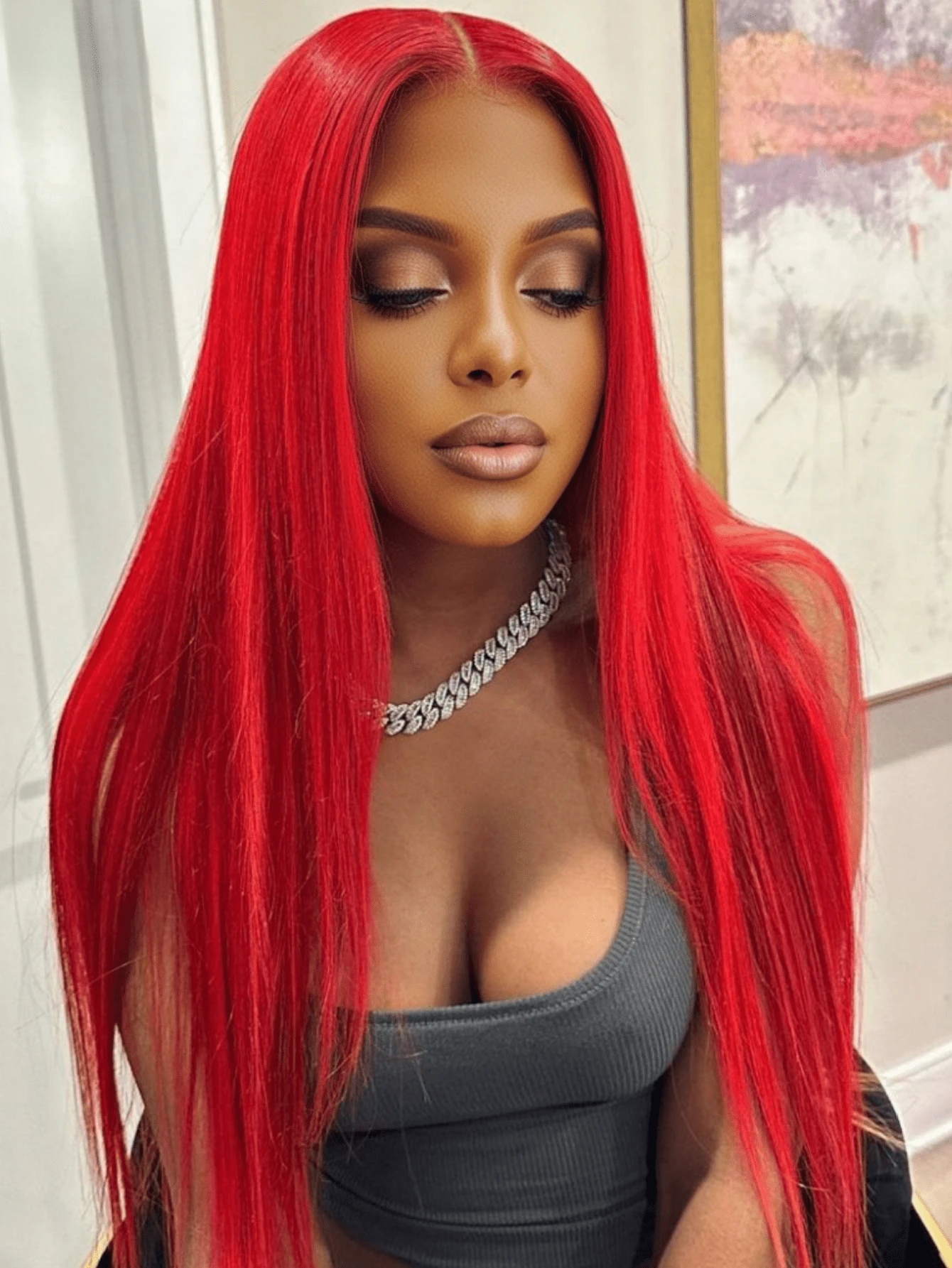Red 250 Density 13x4 HD Transparent Lace Front Wigs Human Hair Straight Glueless Wigs Human Hair Put On And Go Wig For Women Brazilian Remy Red Colored Bone Straight Lace Frontal Wigs Human Hair With Baby Hair - 紅色 - 查看 1