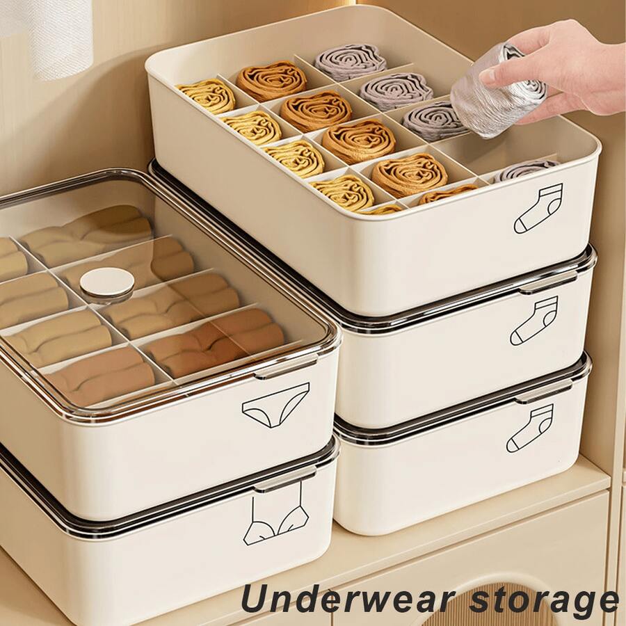 Underwear Storage Box - Dust-Proof 10/15 Compartment Design With Cover, Durable Plastic Material, A Storage Box That Saves Wardrobe Space, Sturdy And Durable, Underwear, Socks Storage Box For Close-Fitting Clothes Storage - 米色 - 查看 1