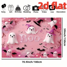 1 pièce Toile de fond de fête thème Halloween en rose "Boo", fantômes blancs mignons, chapeaux magiques roses, motifs de chauves-souris et d'étoiles. Cette toile de fond de fête convient pour la décoration murale intérieure et extérieure, les accessoires de studio photo, 210 x 150 cm