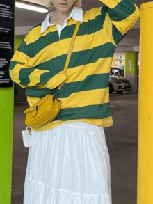 Sudadera tipo polo de mujer con bloques de color, cuello de solapa, manga larga oversize, camisa de rugby vintage - Amarillo - Ver 2