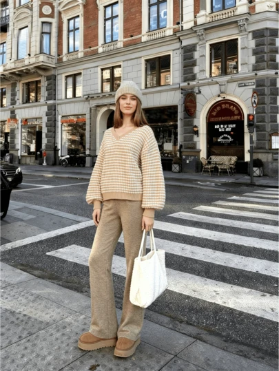 Contrast Grid V-Neck Knit Top Bishop Sleeve Casual Spring Blouse Women