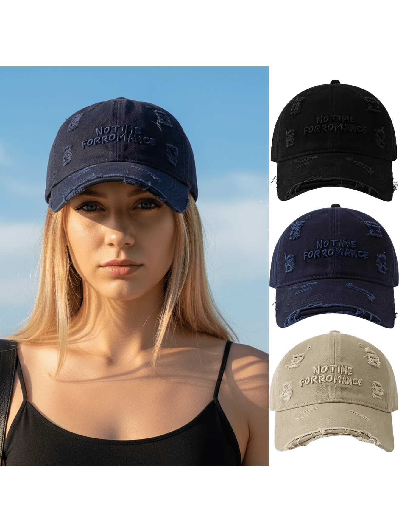 Gorra de béisbol desgastada para mujer, con bordado de letras, ajuste estilizante con ala ancha