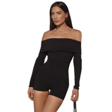 Jumpsuit Mujer Short Sexy Fuera Del Hombro Enterizo Bodysuit,Mono de hombros descubiertos con unicolor - Negro - Ver 9
