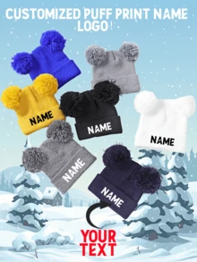 0-3 Years Old Kids Knitted Pom Pom Hat, Infant Beanie, Newborn Knit Cap, Autumn/Winter, Customizable Name Logo - 1PC - View 2
