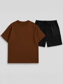 Oversized Streetwear T-Shirt And Bermuda Shorts Linen Casual Men's Basic Beach Set - 鏽棕色 - 查看 4