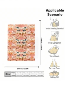Manta suave de franela con patrón del suroeste del desierto - caballos, cactus y tonos de puesta de sol para una acogedora decoración del hogar, calidez ligera para sofá, cama o viaje, diseño rústico y vibrante en base melocotón (280 g/m²)
