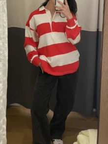 Women Striped Color Block Polo Sweatshirt Lapel Collared Long Sleeve Oversized Rugby Shirt Vintage Pullover Tops - 紅色 - 查看 5