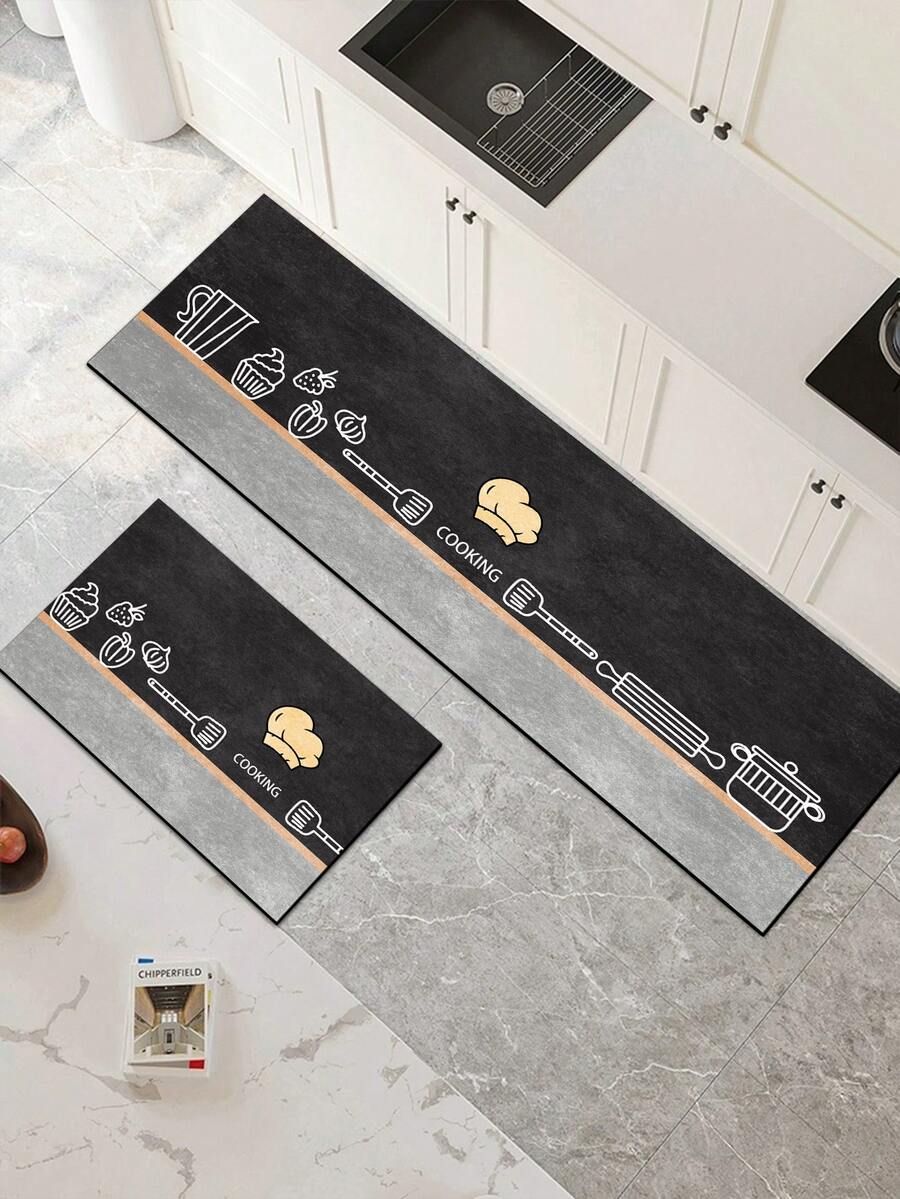 [HOT!!!] 1pc Soft Rubber Kitchen Mat, 3.5mm Thick Kitchen Rug, Dark Cartoon Style Kitchen Absorbent Mat Large Carpet, Can Be Cut To Fit Kitchen Size, Surface Fabric Material, Middle Sponge Layer, Bottom Rubber Layer, Suitable For Kitchen Rugs, Kitchen Decor, Wedding Decor, Home Decor, Bathroom Mat, Entryway Mat, Laundry Room Mat, Hallway Carpet, Living Room Mat, Etc. - Multicolor - View 1