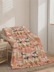 Manta suave de franela con patrón del suroeste del desierto - caballos, cactus y tonos de puesta de sol para una acogedora decoración del hogar, calidez ligera para sofá, cama o viaje, diseño rústico y vibrante en base melocotón (280 g/m²)