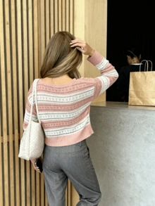 Pink & White Striped Cardigan Knit Cropped Sweater, Casual College Style Long Sleeve Top For Women - Pink - View 11