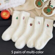 5 Pairs Women'S Christmas Stockings, White Fuzzy Embroidered Festive Socks, Warm Thickened Velvet Polyester 95% Spandex 5% Knit Fabric, Hand Washable Holiday Socks(1/3/5pairs) - Multicolor - View 12