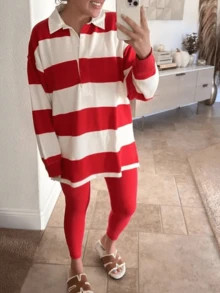 Women Striped Color Block Polo Sweatshirt Lapel Collared Long Sleeve Oversized Rugby Shirt Vintage Pullover Tops - 紅色 - 查看 4