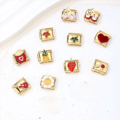 1 pieza Componentes de módulo de acero inoxidable DIY, cereza, piña, fresa, papas fritas, hojas de arce, corazón, serpiente, elementos de guitarra, joyería para hacer pulseras DIY, collares, anillos, tobillos, pulsera modular elegante y a la moda que se puede combinar libremente con diferentes estilos, adecuada para regalos de cumpleaños, aniversario y uso diario