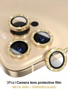 (3pcs) Compatible With IPhone 16 Pro/15 Pro Max/14/13/12/11 Lens Protector, 9h Tempered Glass Lens Protector, Screen Protector, Metal Ring, Scratchproof Decorative Accessories - Gold - View 12