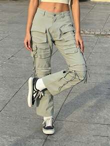 Women's Long Loose Fit Polyester Cargo Pants With Pockets And Zipper Fly, Non-Stretch Summer Casual Trousers For Everyday Wear