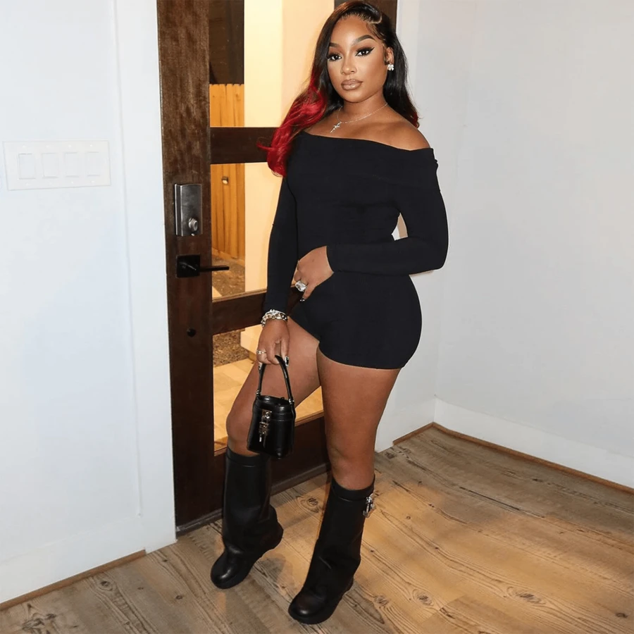 Jumpsuit Mujer Short Sexy Fuera Del Hombro Enterizo Bodysuit,Mono de hombros descubiertos con unicolor - Negro - Ver 1