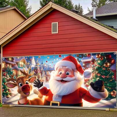 圣诞老人和驯鹿圣诞车库门横幅 - 耐用涤纶，易于悬挂的户外装饰