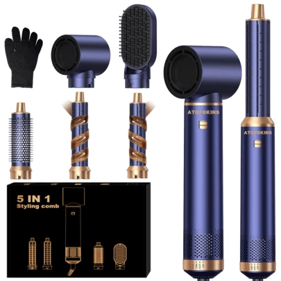 ATOPSKINS 2026 Upgraded 5-In-1 Multi-Function Hot Air Brush, Curling Iron, Straightener Set - Hot Air Brush, Wet & Dry Use, 200 Million Negative Ions Anti-Static Styling, Great Gift (Blue Gold/White Gold/Black Gold/Pink Gold)