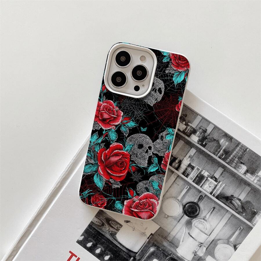 Fundas de imitación con orificios grandes y carcasas protectoras con temática del Día de Muertos, con rosas sangrientas y calaveras. Diseñadas para los modelos 17, 16 Pro, 16, 15 Pro, 14, 14 Plus, 14 Pro, 13, 13 Pro, 12 Pro y 11/11 Pro. Son regalos estupendos para amigos y familiares durante Halloween y Acción de Gracias, incluyendo fundas para teléfono con temática de Halloween, fundas protectoras para varios teléfonos Android y modelos específicos como el S25 Ultra. - Blanco - Ver 1