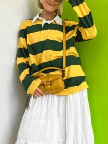 Sudadera tipo polo de mujer con bloques de color, cuello de solapa, manga larga oversize, camisa de rugby vintage - Amarillo - Ver 3