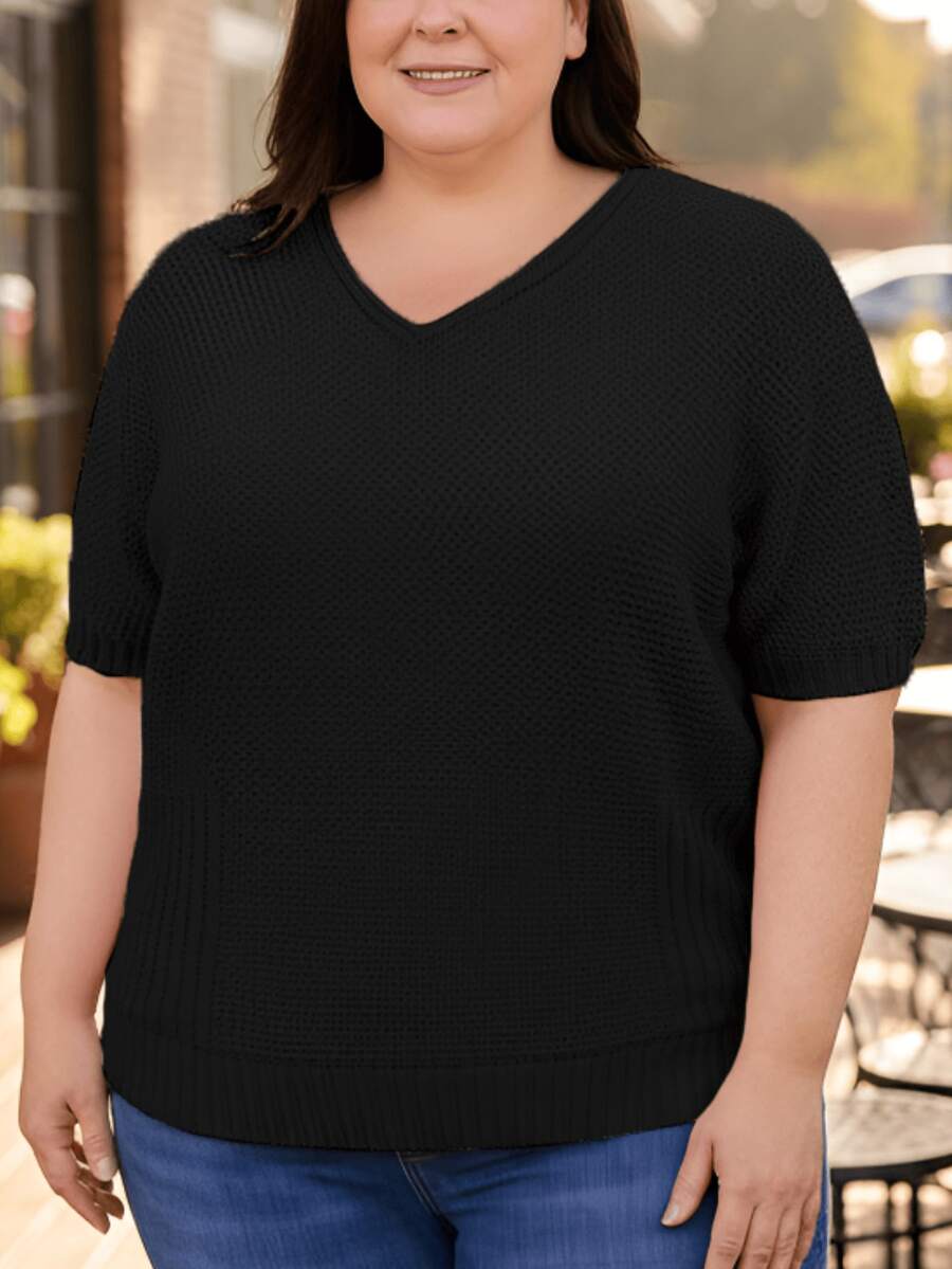 Plus Size Women's Ribbed Knit Top Short Sleeve V-Neck Basic Elegant Casual Tricolors - màu đen - Xem 1