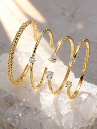 Charm-In 1 st. trendigt minimalistiskt armband med 18K guldpläterad mässing och geometrisk zirkoniainläggning för kvinnor, present till alla hjärtans dag, mors dag