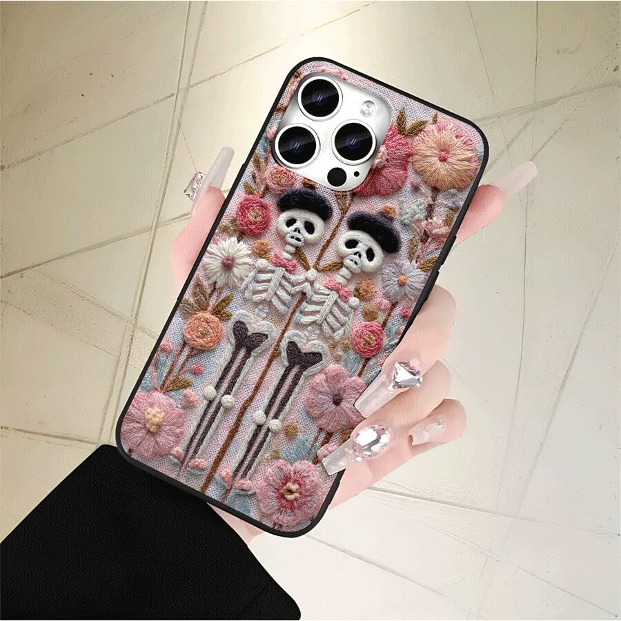 Fundas y fundas protectoras de imitación para teléfono con orificios grandes para teléfono con un patrón de gemelos de esqueleto bordado, compatibles con las series 17, 16 Pro, 16, 15 Pro, 14, 14 Plus, 14 Pro, 13, 13 Pro, 12 Pro y 11/11 Pro. Estos hacen E - Blanco - Ver 1