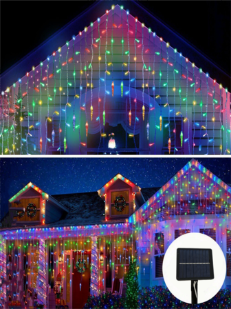 1 pieza Cadena de luces de cono de hielo solar, 96 LED, luz de ambiente para decoración navideña, luz de decoración para festival de invierno, cortina de luz para aleros, adecuada para aleros y diseño de patio, creando iluminación estacional con una atmósfera completa, blanco/color opcional (300mAh)