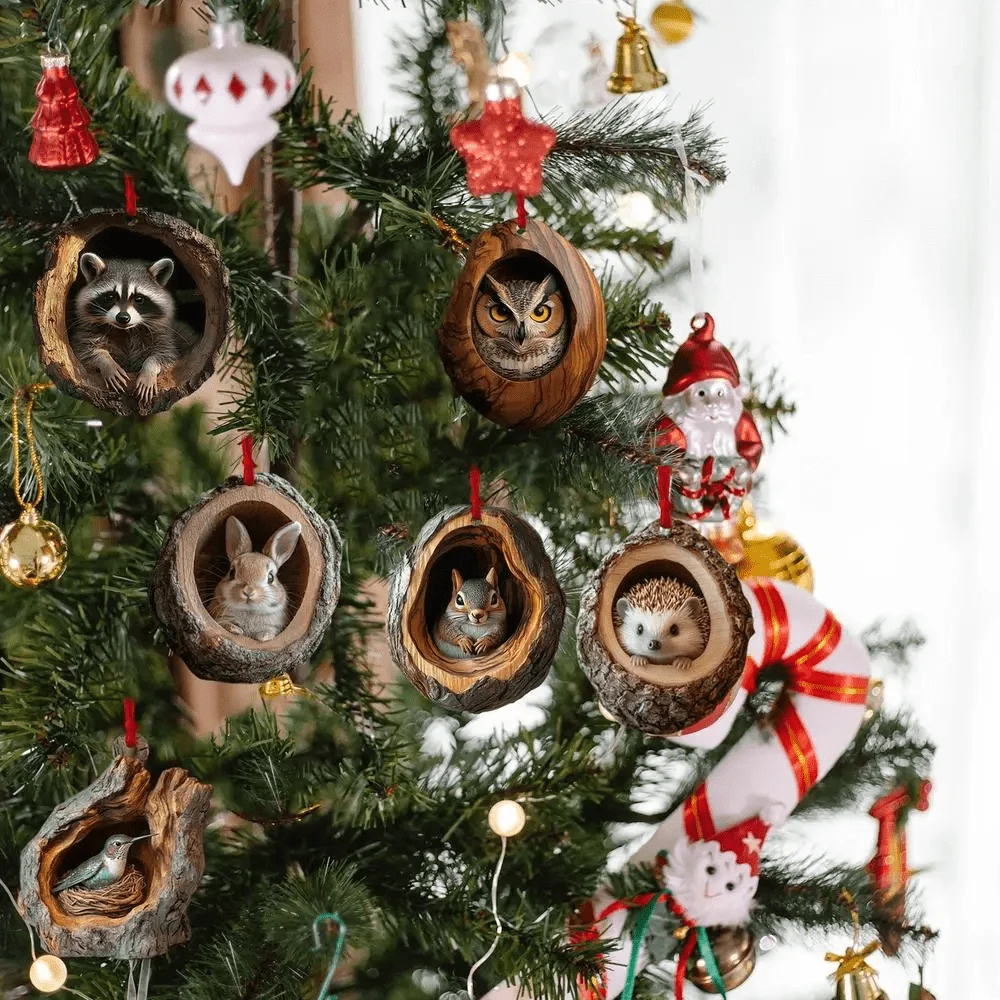 6 Pieces 6 Kinds Of Animal Christmas Ornaments, 2D Cute Christmas Acrylic Pendants, Animals, Raccoon, Owl, Squirrel, Hedgehog, Rabbit, Bird, Beautiful Animal Ornaments, Christmas Party Fireplace Window Decorations, Classic Faith Decorations, Suitable For Christmas And Winter