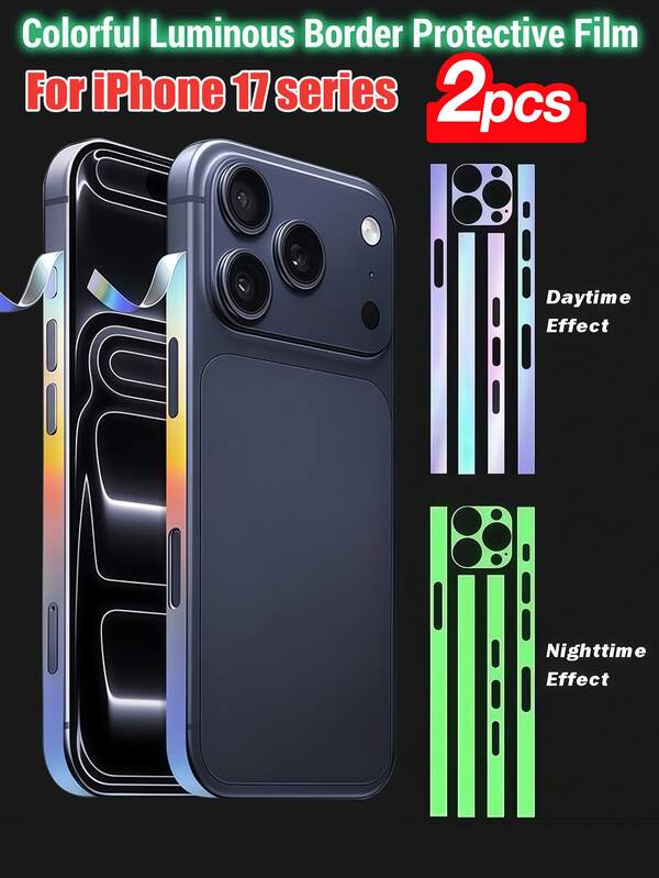 قطعتان من الأغلفة الجانبية الملونة المضيئة للهاتف لسلسلة ، ملصقات حافة مضيئة في الظلام، أغشية حماية هيدروجيلية للحواف مضادة للبصمات لهواتف 17 برو ماكس، 2 قطعة من أغشية الإطار الملون المضيء في الليل لهواتف 16 برو ماكس، 14 بلس، 13، 12