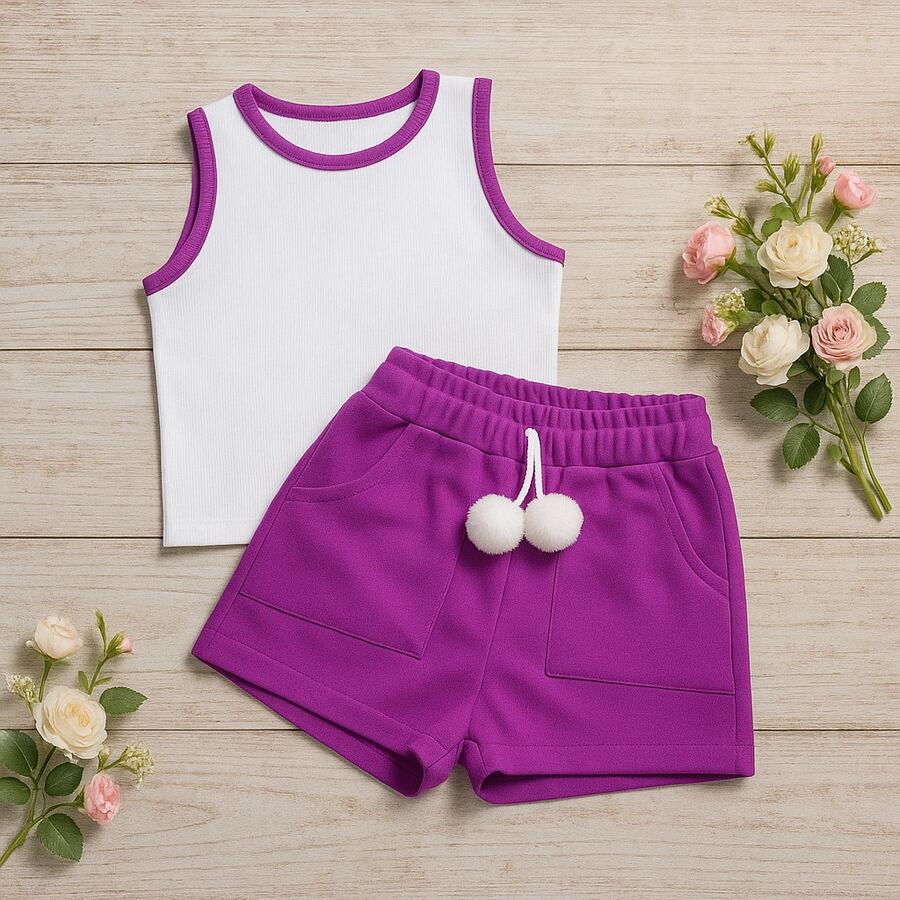 Conjunto Infantil e Juvenil para Meninas e Adolescentes Conjunto de 2 Peças Cropped Regata e Shorts com Detalhe Pompom Teen Canelado Ribana Super Delicado Moda Primavera Verão CJI034 - Púrpura - Visão 1