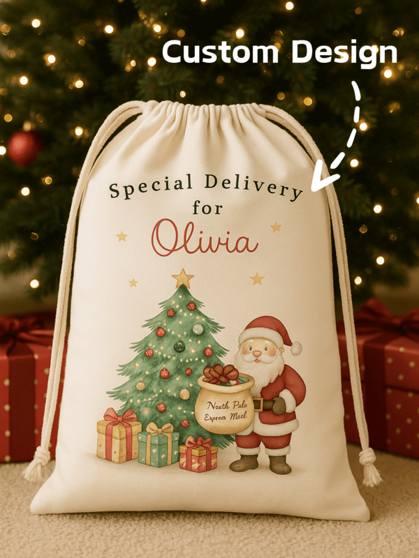 1 peça de saco de Natal personalizado com cordão, saco de presente com nome personalizado de Papai Noel, saco de armazenamento de lona de algodão durável, estilo festivo de férias com árvore de Natal e estampa de Papai Noel, saco de presente decorativo reutilizável para festa de véspera de Natal, temporada de inverno