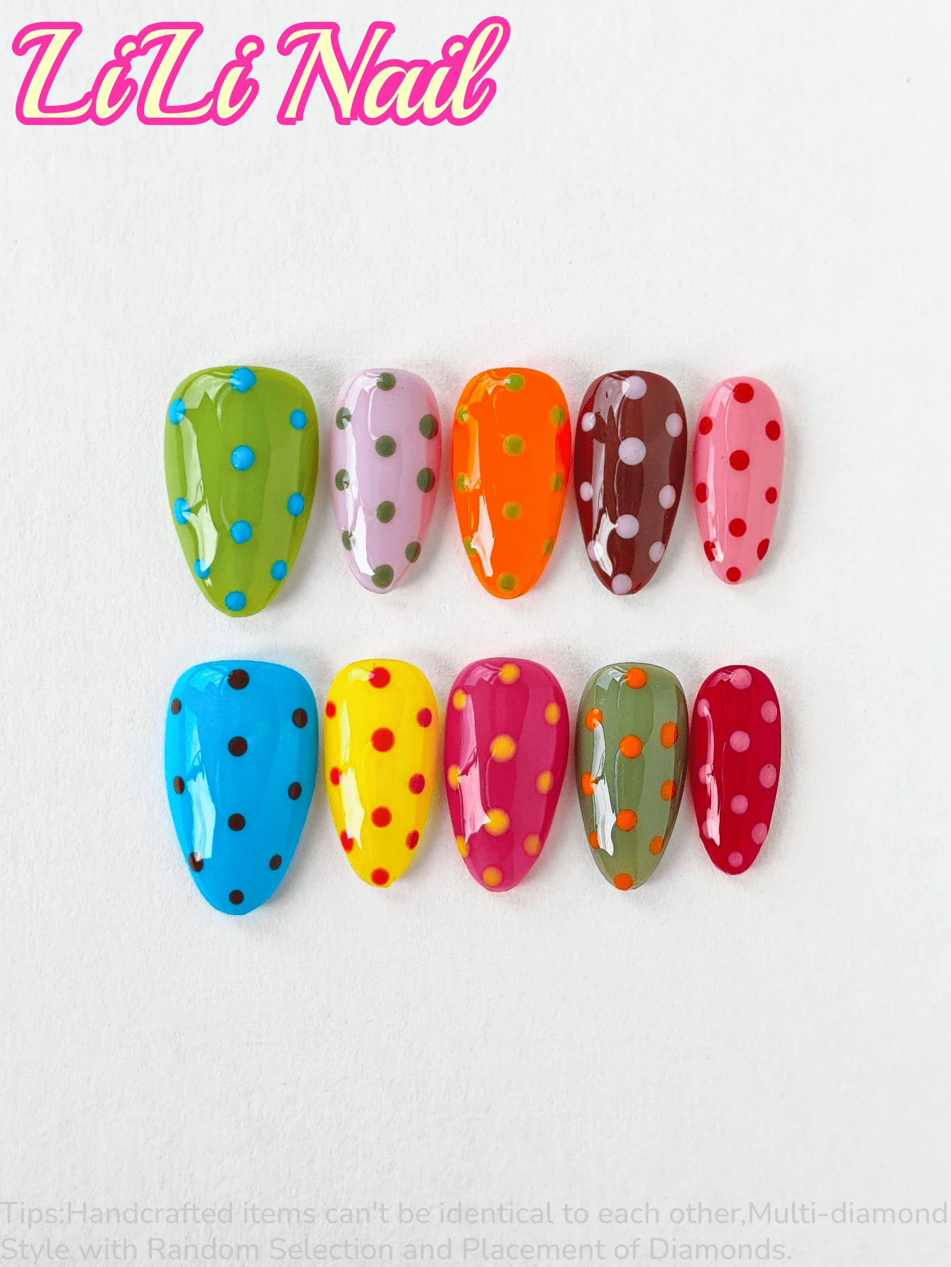 10片手工亚克力美甲贴纸，美甲用品，短款杏仁形美甲贴纸，彩色美甲贴纸（绿色、红色、粉色、橙色、蓝色、波点），适合秋季，亚克力美甲胶水，可爱美甲贴纸，度假美甲，美甲师用品，美甲套装，包含美甲工具